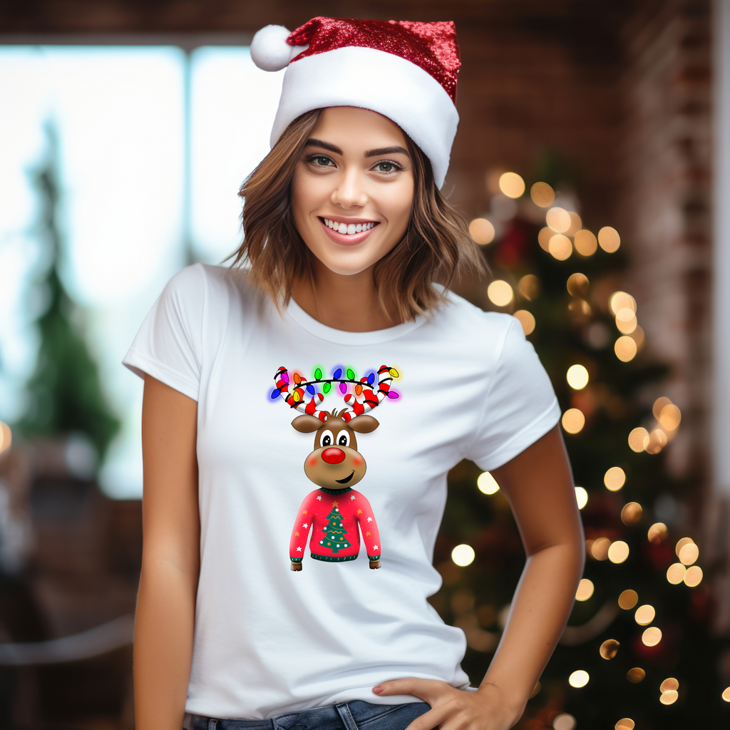 Christmas DTF Transfer - Red Jumper Reindeer  - Do it Yourself Iron On or Heat Press Hot Cold Peel T Shirt Any Material Full Colour