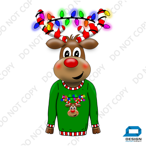 Christmas DTF Transfer - Green Jumper Reindeer  - Do it Yourself Iron On or Heat Press Hot Cold Peel T Shirt Any Material Full Colour