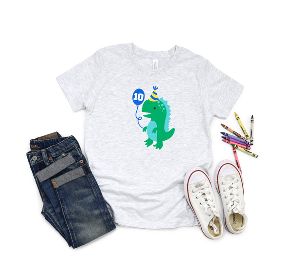 10th Birthday Boy Ten Year Old- Dino Balloon Birthday Kids DTF Transfer - Gift Do it Yourself Iron On Heat Press Shirt Any Material Long Lasting Full Colour