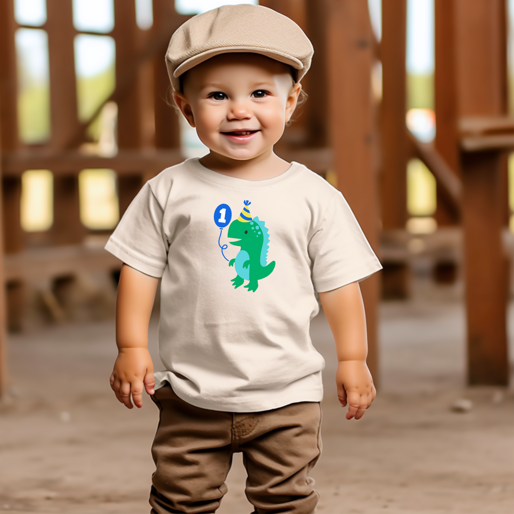1st Birthday Boy One Year Old - Dino Balloon Kids DTF Transfer - Gift Do it Yourself Iron On Heat Press Shirt Any Material Long Lasting Full Colour