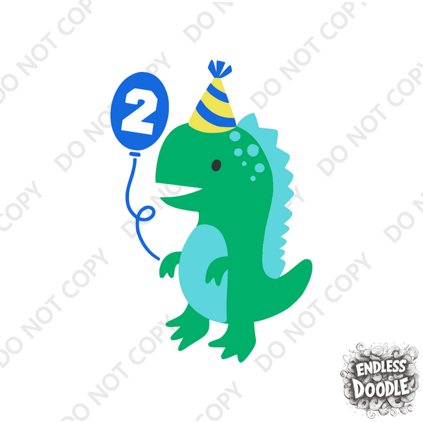 2nd  Birthday Boy Two Year Old- Dino Balloon Birthday Kids DTF Transfer - Gift Do it Yourself Iron On Heat Press Shirt Any Material Long Lasting Full Colour