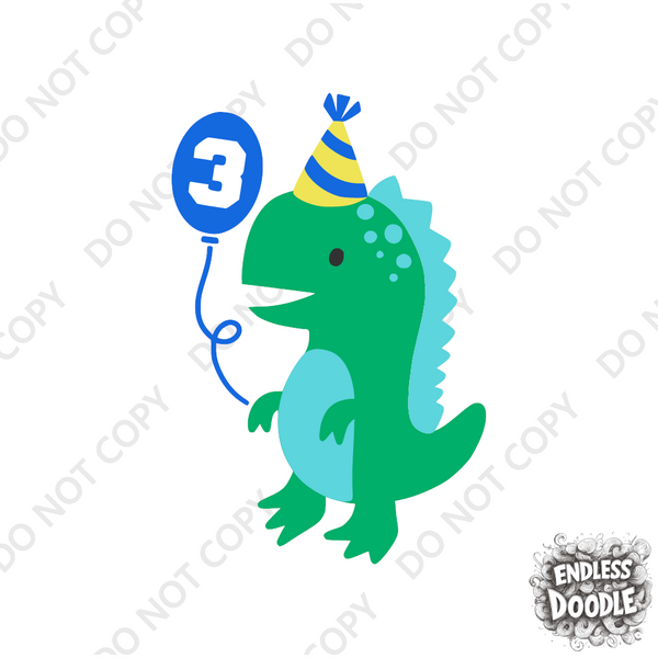 3rd Birthday Boy Three Year Old - Dino Balloon Birthday Kids DTF Transfer - Gift Do it Yourself Iron On Heat Press Shirt Any Material Long Lasting Full Colour