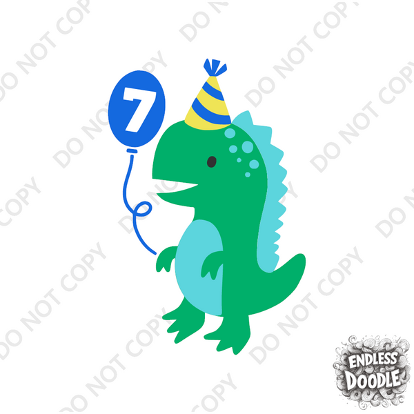 7th Birthday Boy Seven Year Old- Dino Balloon Birthday Kids DTF Transfer - Gift Do it Yourself Iron On Heat Press Shirt Any Material Long Lasting Full Colour