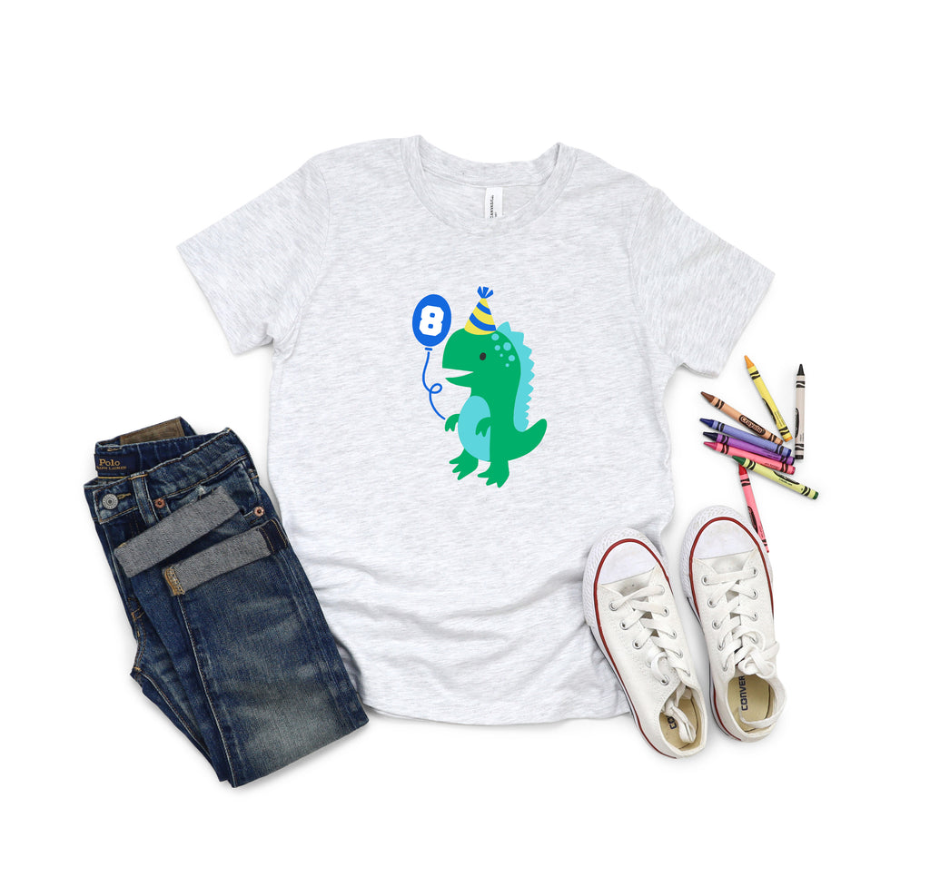 8th Birthday Boy Eight Year Old- Dino Balloon Birthday Kids DTF Transfer - Gift Do it Yourself Iron On Heat Press Shirt Any Material Long Lasting Full Colour