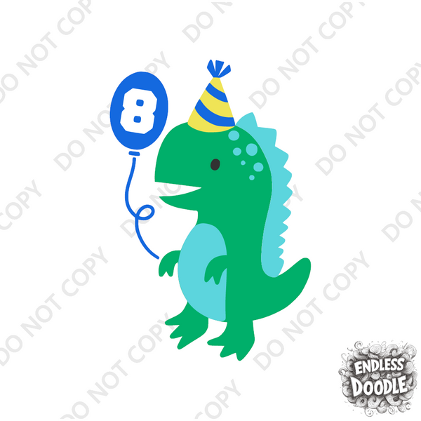 8th Birthday Boy Eight Year Old- Dino Balloon Birthday Kids DTF Transfer - Gift Do it Yourself Iron On Heat Press Shirt Any Material Long Lasting Full Colour