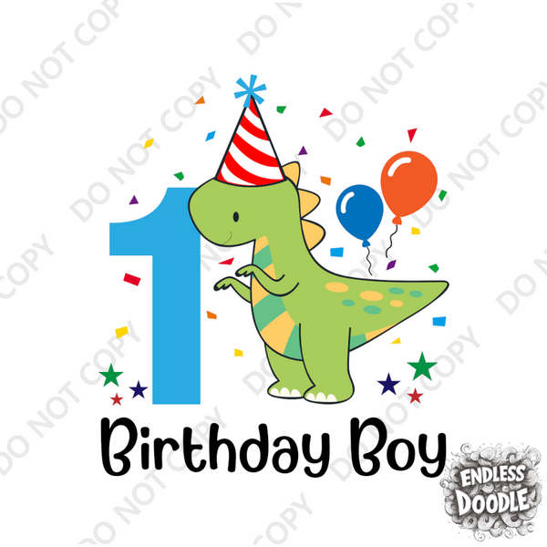 1st Birthday Boy One Year Old -Dino Birthday Boy  Kids DTF Transfer - Gift Do it Yourself Iron On Heat Press Shirt Any Material Long Lasting Full Colour