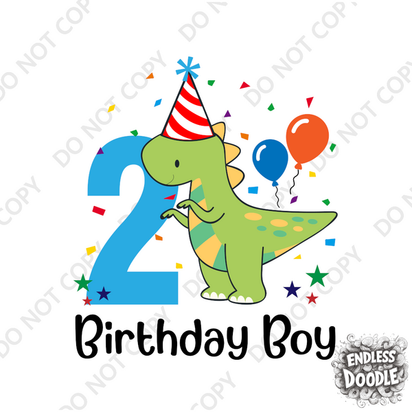 2nd Birthday Boy Two Year Old -Dino Birthday Boy Kids DTF Transfer - Gift Do it Yourself Iron On Heat Press Shirt Any Material Long Lasting Full Colour