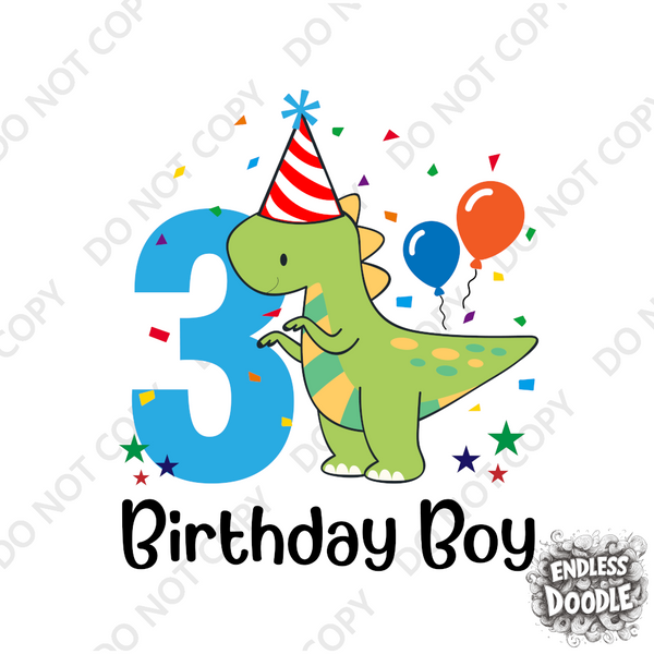 3rd Birthday Boy Three Year Old -Dino Birthday Boy Kids DTF Transfer - Gift Do it Yourself Iron On Heat Press Shirt Any Material Long Lasting Full Colour