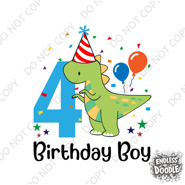 4th Birthday Boy Four Year Old -Dino Birthday Boy Kids DTF Transfer - Gift Do it Yourself Iron On Heat Press Shirt Any Material Long Lasting Full Colour