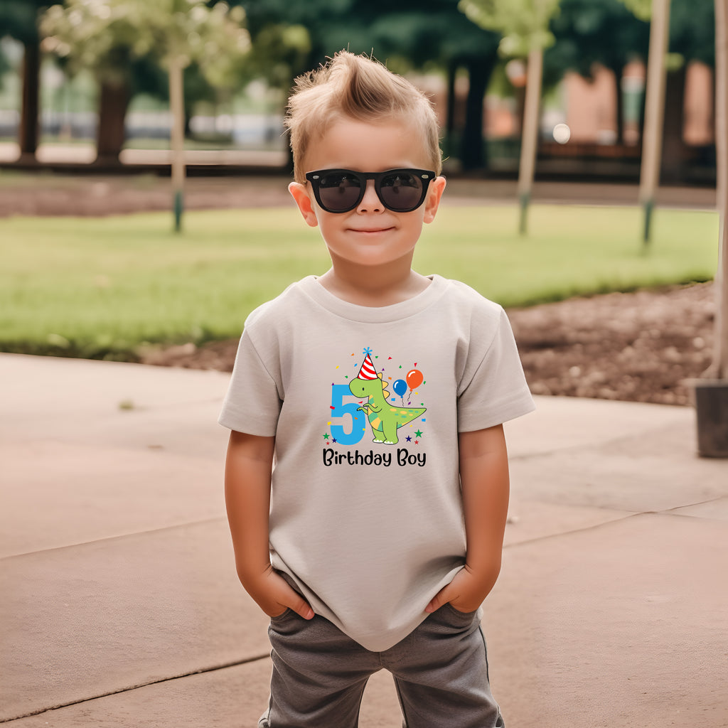 5th Birthday Boy Five Year Old -Dino Birthday Boy Kids DTF Transfer - Gift Do it Yourself Iron On Heat Press Shirt Any Material Long Lasting Full Colour