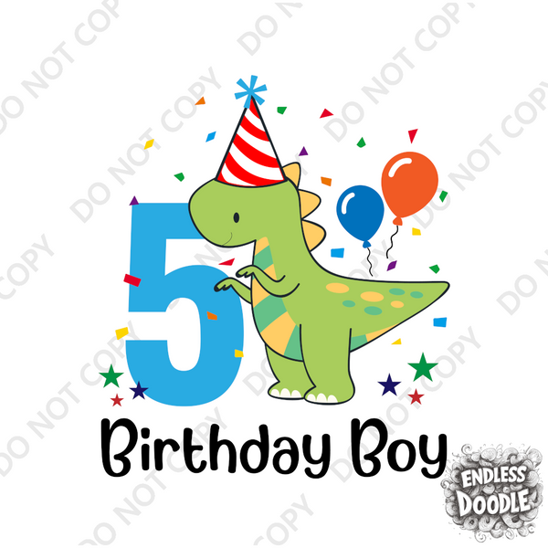 5th Birthday Boy Five Year Old -Dino Birthday Boy Kids DTF Transfer - Gift Do it Yourself Iron On Heat Press Shirt Any Material Long Lasting Full Colour