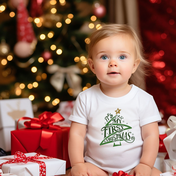 Christmas DTF Transfer - 1st Christmas Green Tree - Do it Yourself Iron On or Heat Press Hot Cold Peel T Shirt Any Material Full Colour