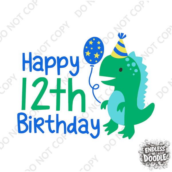 12th Birthday Boy Twelve Year Old - Dino Happy Birthday Kids DTF Transfer - Gift Do it Yourself Iron On Heat Press Shirt Any Material Long Lasting Full Colour