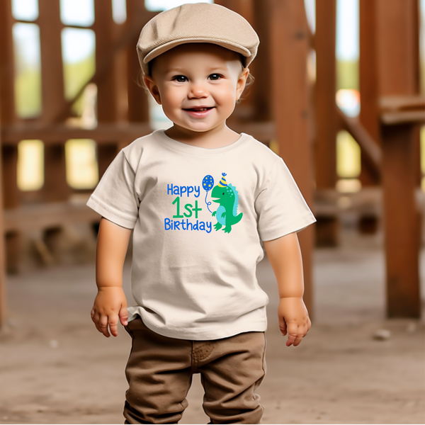 1st Birthday Boy One Year Old - Dino Happy Birthday Kids DTF Transfer - Gift Do it Yourself Iron On Heat Press Shirt Any Material Long Lasting Full Colour