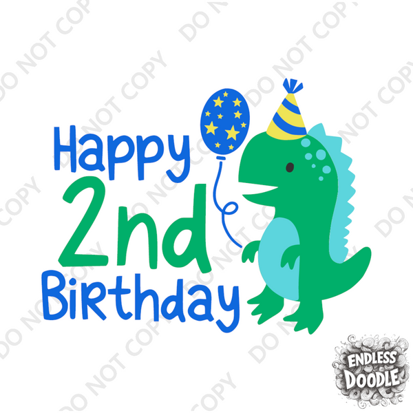 2nd Birthday Boy Two Year Old - Dino Happy Birthday Kids DTF Transfer - Gift Do it Yourself Iron On Heat Press Shirt Any Material Long Lasting Full Colour