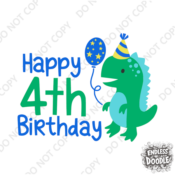 4th Birthday Boy Four Year Old - Dino Happy Birthday Kids DTF Transfer - Gift Do it Yourself Iron On Heat Press Shirt Any Material Long Lasting Full Colour