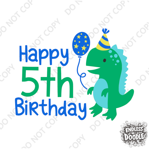 5th Birthday Boy Five Year Old - Dino Happy Birthday Kids DTF Transfer - Gift Do it Yourself Iron On Heat Press Shirt Any Material Long Lasting Full Colour