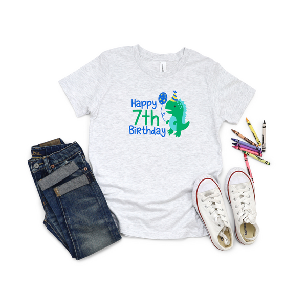 7th Birthday Boy Seven Year Old - Dino Happy Birthday Kids DTF Transfer - Gift Do it Yourself Iron On Heat Press Shirt Any Material Long Lasting Full Colour