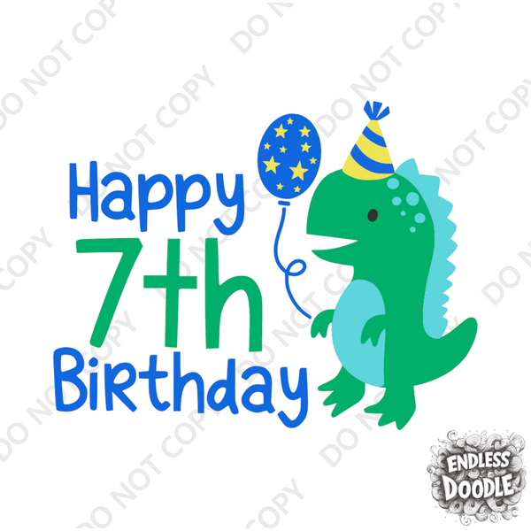 7th Birthday Boy Seven Year Old - Dino Happy Birthday Kids DTF Transfer - Gift Do it Yourself Iron On Heat Press Shirt Any Material Long Lasting Full Colour