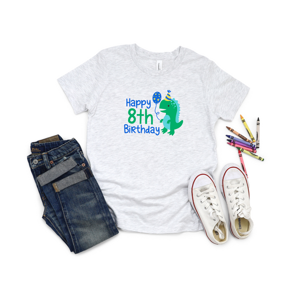 8th Birthday Boy Eight Year Old - Dino Happy Birthday Kids DTF Transfer - Gift Do it Yourself Iron On Heat Press Shirt Any Material Long Lasting Full Colour