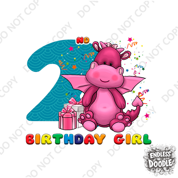 2nd Birthday Girl Two Year Old - Little Dragon Kids DTF Transfer - Gift Do it Yourself Iron On Heat Press Shirt Any Material Long Lasting Full Colour