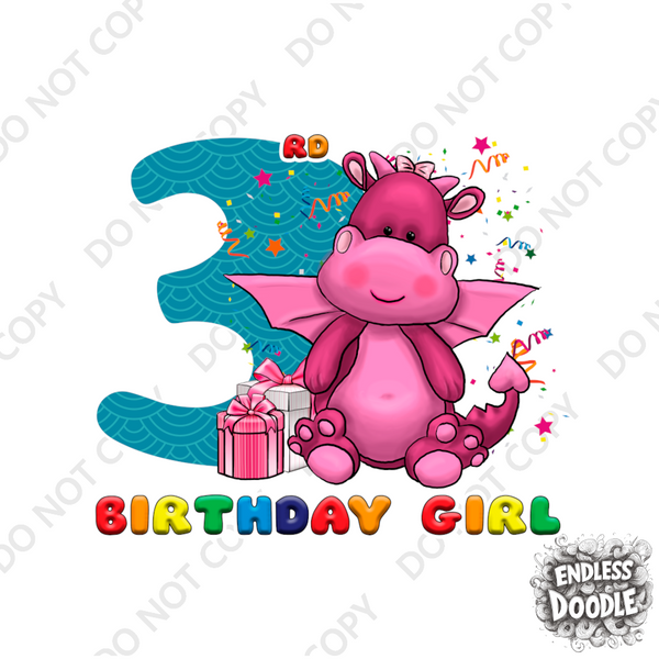 3rd Birthday Girl Three Year Old - Little Dragon Kids DTF Transfer - Gift Do it Yourself Iron On Heat Press Shirt Any Material Long Lasting Full Colour