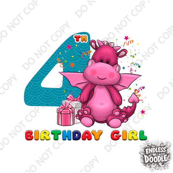 4th Birthday Girl Four Year Old - Little Dragon Kids DTF Transfer - Gift Do it Yourself Iron On Heat Press Shirt Any Material Long Lasting Full Colour
