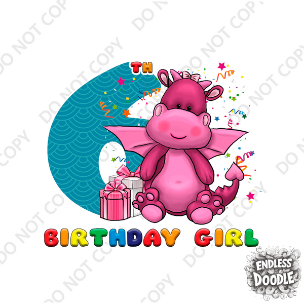 6th Birthday Girl Six Year Old - Little Dragon Kids DTF Transfer - Gift Do it Yourself Iron On Heat Press Shirt Any Material Long Lasting Full Colour