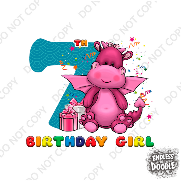 7th Birthday Girl Seven Year Old - Little Dragon Kids DTF Transfer - Gift Do it Yourself Iron On Heat Press Shirt Any Material Long Lasting Full Colour