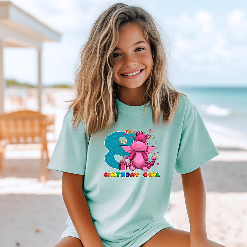 8th Birthday Girl Eight Year Old - Little Dragon Kids DTF Transfer - Gift Do it Yourself Iron On Heat Press Shirt Any Material Long Lasting Full Colour