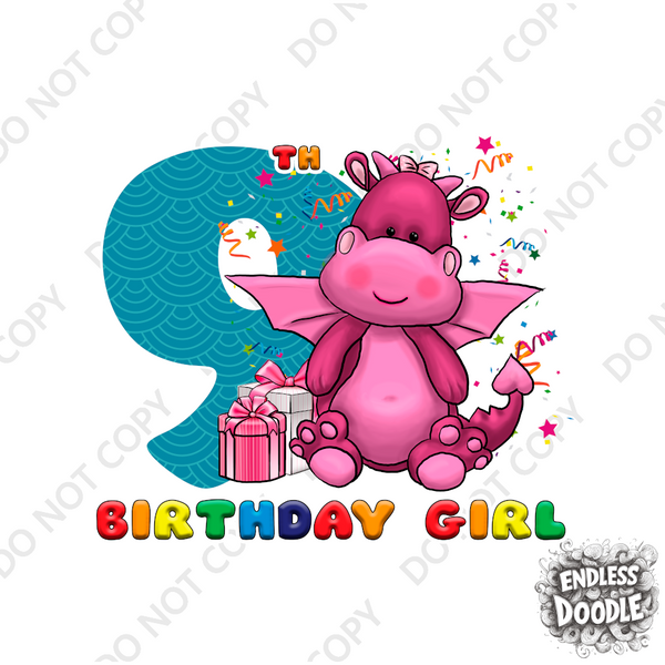 9th Birthday Girl Nine Year Old - Little Dragon Kids DTF Transfer - Gift Do it Yourself Iron On Heat Press Shirt Any Material Long Lasting Full Colour