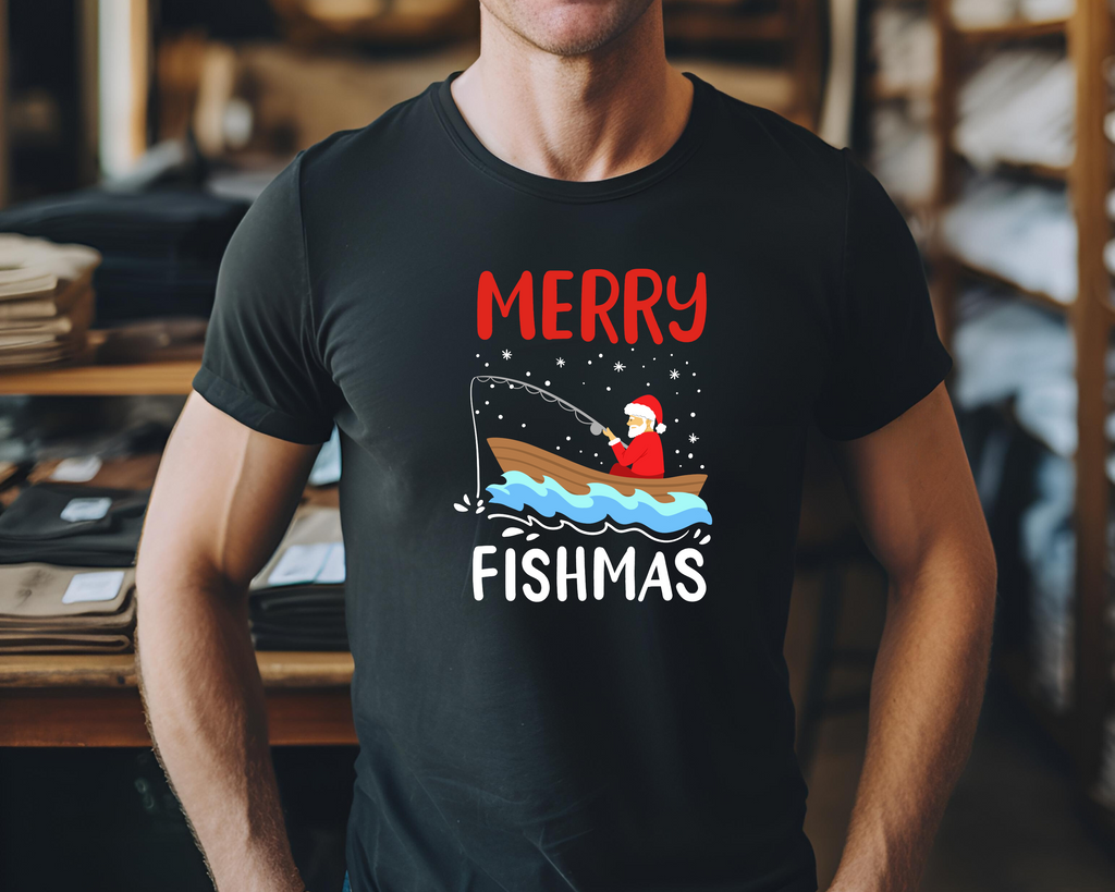 Christmas DTF Transfer -Merry Fishmas Boat  - Do it Yourself Iron On or Heat Press Hot Cold Peel T Shirt Any Material Full Colour