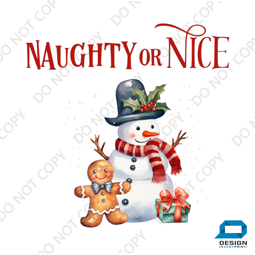 Christmas DTF Transfer - Nice or Nice Snowman - Do it Yourself Iron On or Heat Press Hot Cold Peel T Shirt Any Material Full Colour