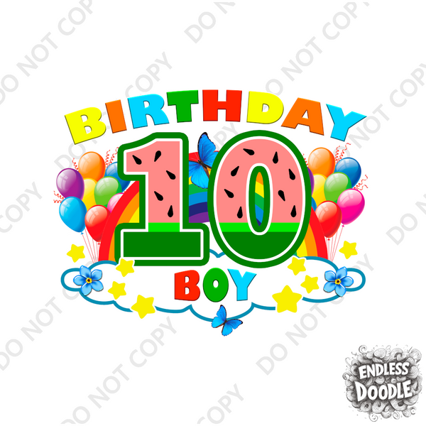 10th Birthday Boy Ten Year Old - Rainbow Birthday Kids DTF Transfer - Gift Do it Yourself Iron On Heat Press Shirt Any Material Long Lasting Full Colour