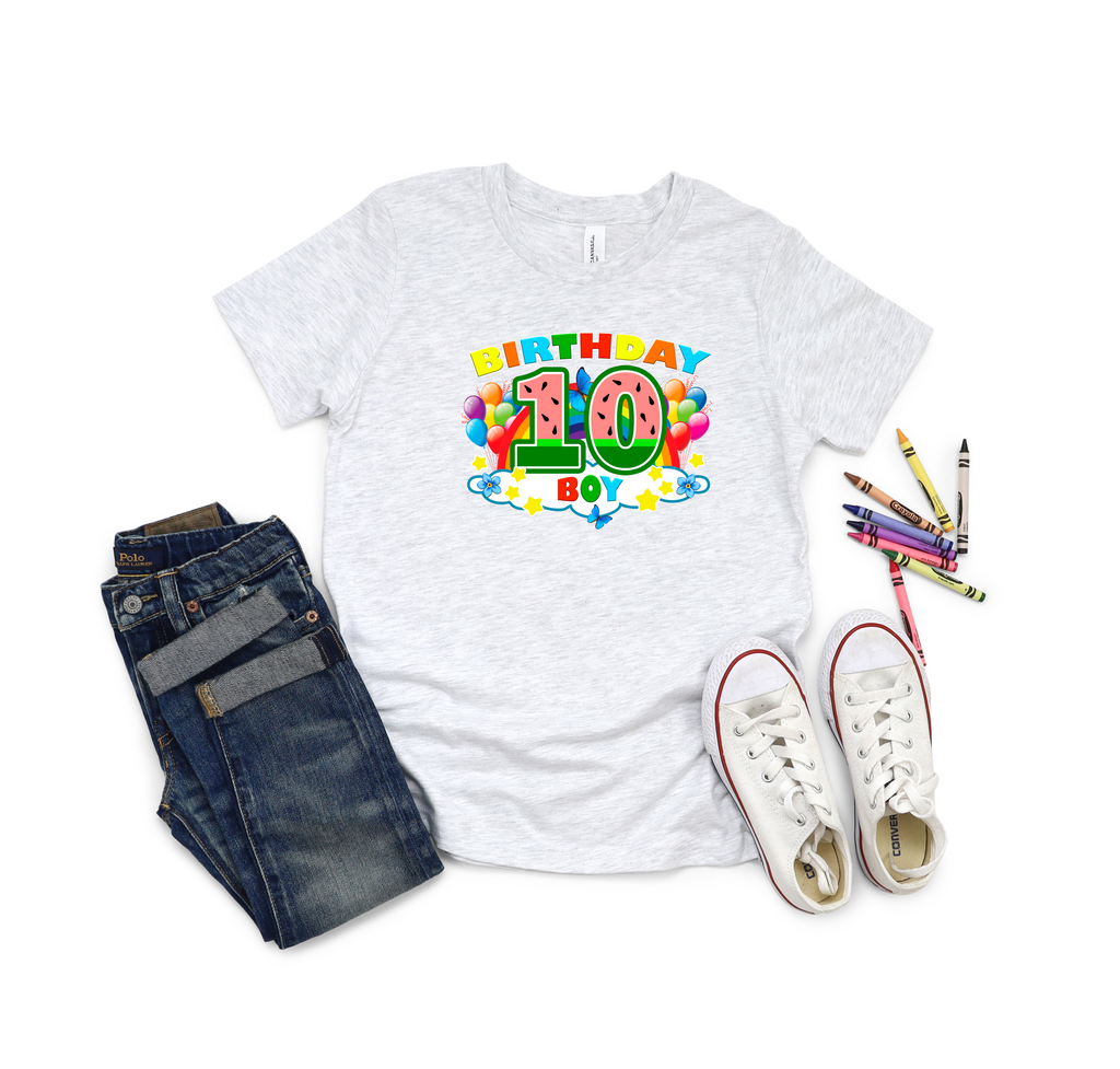 10th Birthday Boy Ten Year Old - Rainbow Birthday Kids DTF Transfer - Gift Do it Yourself Iron On Heat Press Shirt Any Material Long Lasting Full Colour