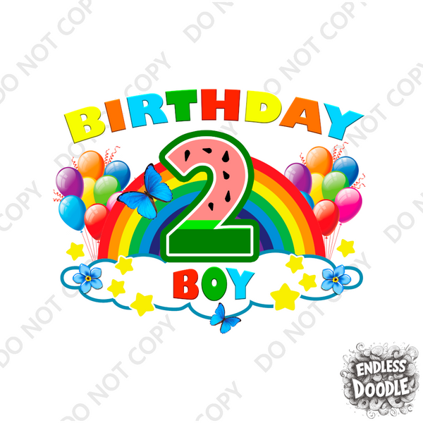 2nd Birthday Boy Two Year Old - Rainbow Birthday Kids DTF Transfer - Gift Do it Yourself Iron On Heat Press Shirt Any Material Long Lasting Full Colour