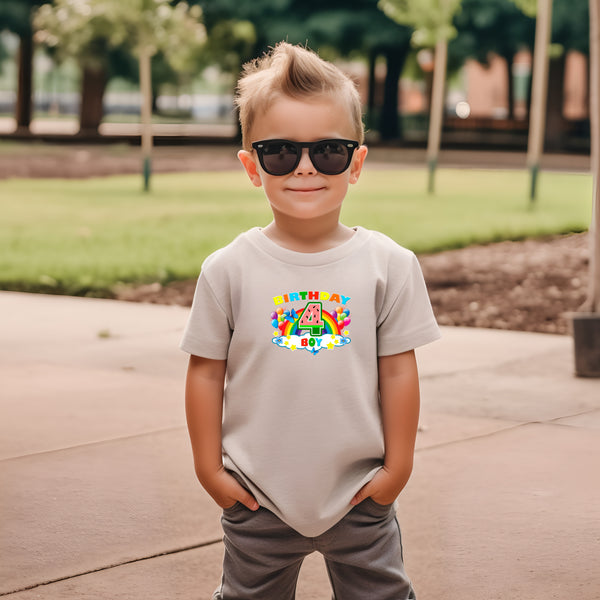 4th Birthday Boy Four Year Old - Rainbow Birthday Kids DTF Transfer - Gift Do it Yourself Iron On Heat Press Shirt Any Material Long Lasting Full Colour