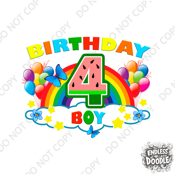 4th Birthday Boy Four Year Old - Rainbow Birthday Kids DTF Transfer - Gift Do it Yourself Iron On Heat Press Shirt Any Material Long Lasting Full Colour