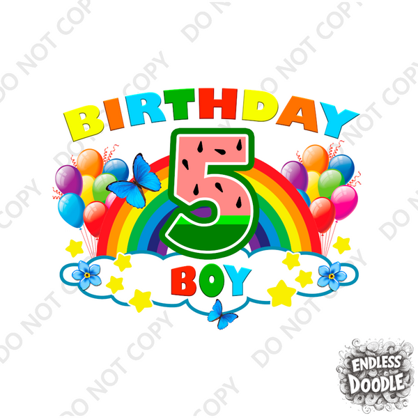 5th Birthday Boy Five Year Old - Rainbow Birthday Kids DTF Transfer - Gift Do it Yourself Iron On Heat Press Shirt Any Material Long Lasting Full Colour