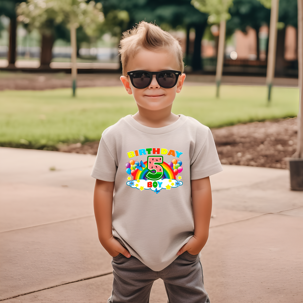 5th Birthday Boy Five Year Old - Rainbow Birthday Kids DTF Transfer - Gift Do it Yourself Iron On Heat Press Shirt Any Material Long Lasting Full Colour