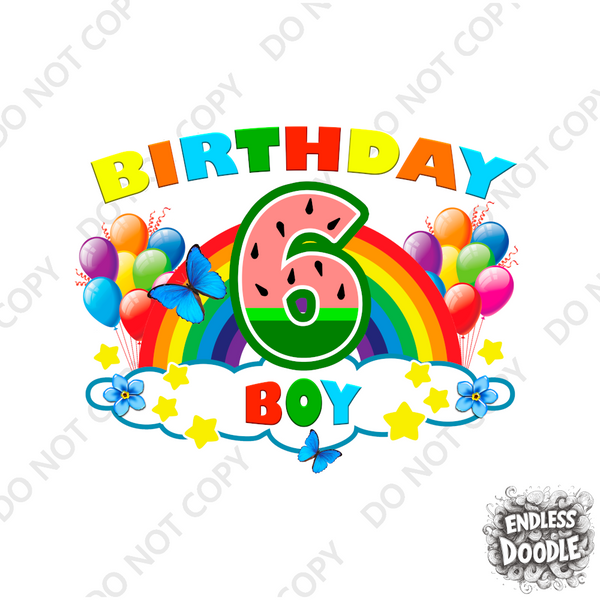 6th Birthday Boy Six Year Old - Rainbow Birthday Kids DTF Transfer - Gift Do it Yourself Iron On Heat Press Shirt Any Material Long Lasting Full Colour