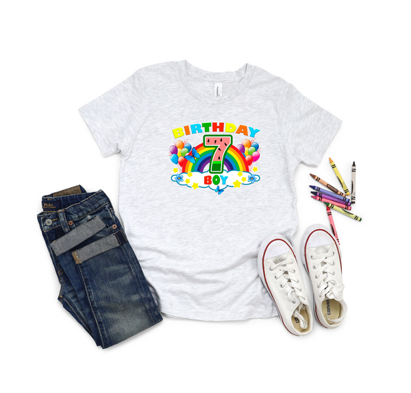 7th Birthday Boy Seven Year Old - Rainbow Birthday Kids DTF Transfer - Gift Do it Yourself Iron On Heat Press Shirt Any Material Long Lasting Full Colour