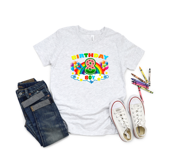 8th Birthday Boy Eight Year Old - Rainbow Birthday Kids DTF Transfer - Gift Do it Yourself Iron On Heat Press Shirt Any Material Long Lasting Full Colour