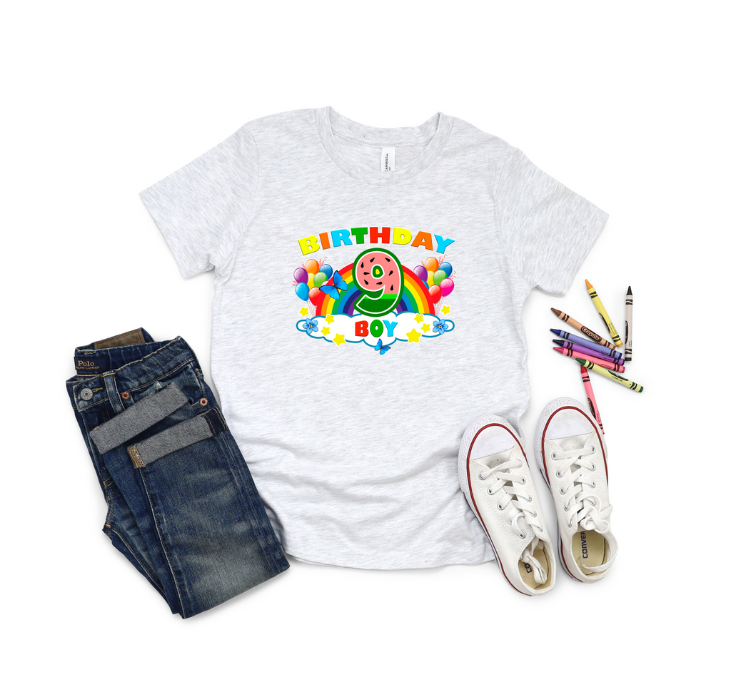 9th Birthday Boy Nine Year Old - Rainbow Birthday Kids DTF Transfer - Gift Do it Yourself Iron On Heat Press Shirt Any Material Long Lasting Full Colour
