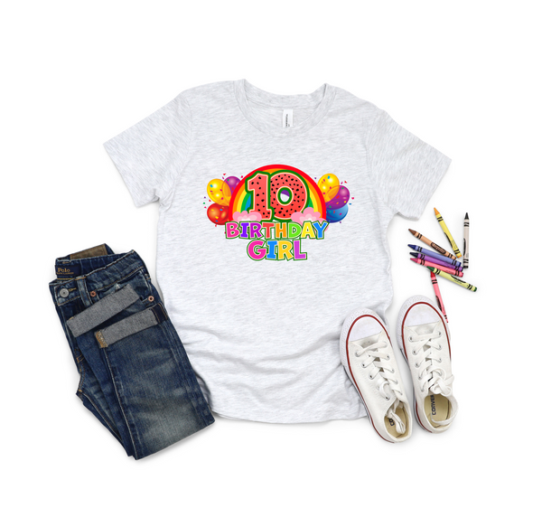 10th Birthday Girl One Year Ten - Rainbow Birthday Kids DTF Transfer - Gift Do it Yourself Iron On Heat Press Shirt Any Material Long Lasting Full Colour