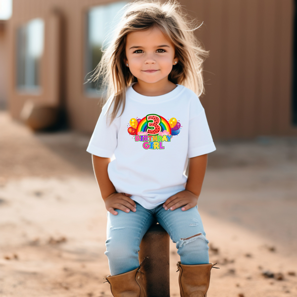 3rd Birthday Girl One Year Three - Rainbow Birthday Kids DTF Transfer - Gift Do it Yourself Iron On Heat Press Shirt Any Material Long Lasting Full Colour