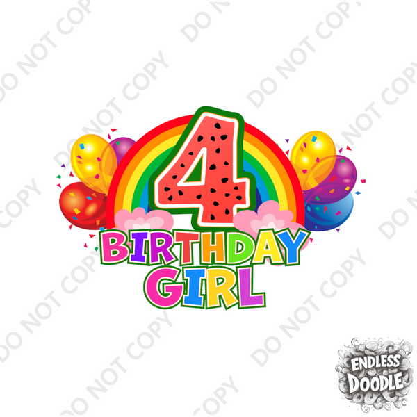 4th Birthday Girl One Year Four - Rainbow Birthday Kids DTF Transfer - Gift Do it Yourself Iron On Heat Press Shirt Any Material Long Lasting Full Colour
