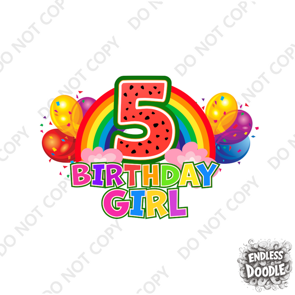 5th Birthday Girl One Year Five - Rainbow Birthday Kids DTF Transfer - Gift Do it Yourself Iron On Heat Press Shirt Any Material Long Lasting Full Colour