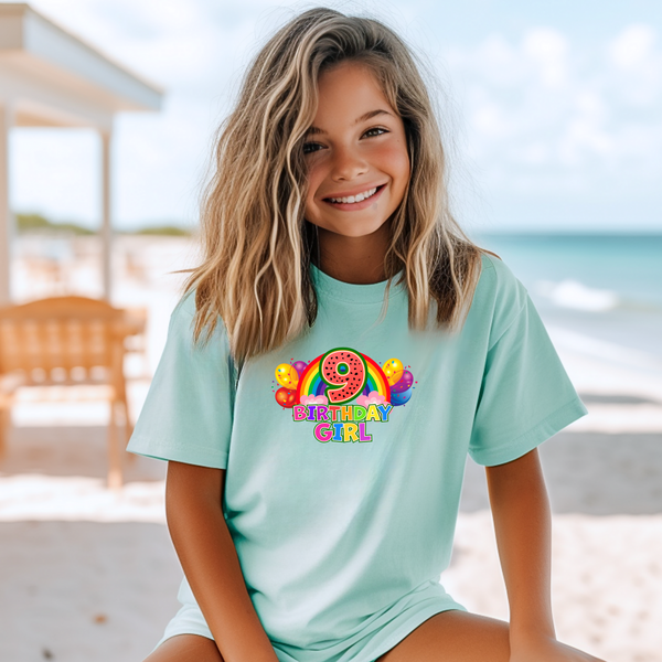 9th Birthday Girl One Year Nine - Rainbow Birthday Kids DTF Transfer - Gift Do it Yourself Iron On Heat Press Shirt Any Material Long Lasting Full Colour