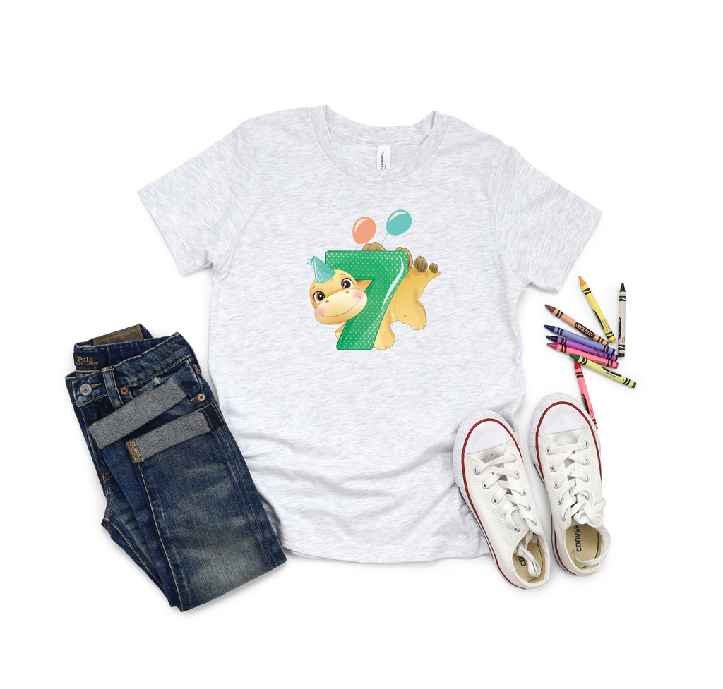 7th Birthday Boy Seven Year Old - T Rex Kids DTF Transfer - Gift Do it Yourself Iron On Heat Press Shirt Any Material Long Lasting Full Colour